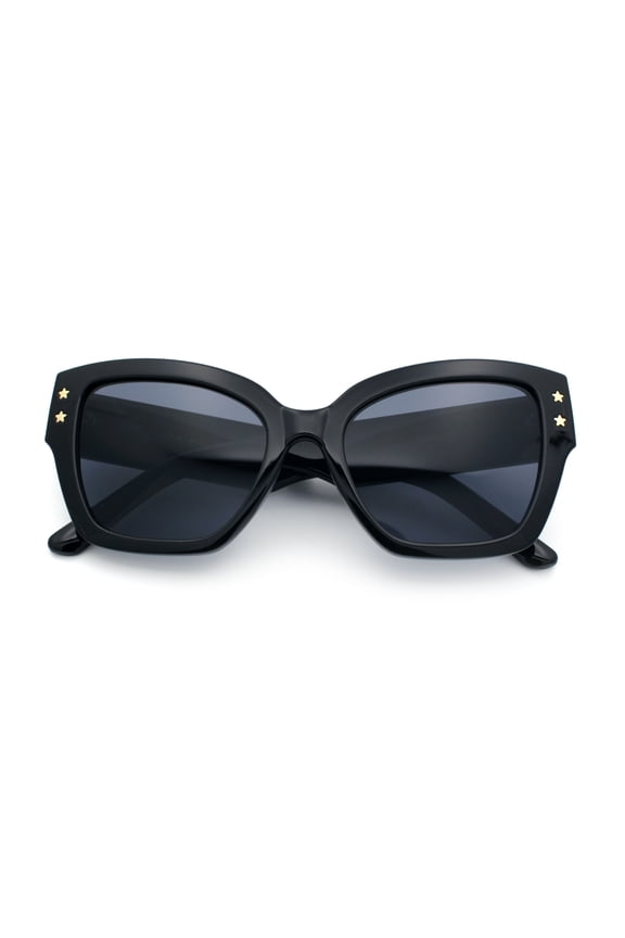 Womens Star Stud Thick Temple Plastic Horned Cat Eye Fashion Sunglasses All Black