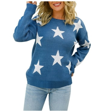 Womens Stars Graphic Printed Sweaters Slim Fitting Long Sleeve Pullover Sweater Casual Round Neck Regular Sweater