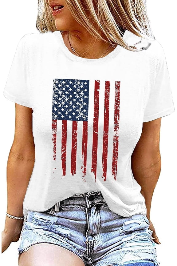 Womens Stars Stripes Sexy Patriotic Shirts Bling 4Th of July Tops 3/4 Sleeve Blouse Tshirts Funny Ladies Outfits