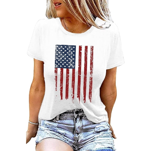 Womens Stars Stripes Sexy Patriotic Shirts Bling 4Th of July Tops 3/4 Sleeve Blouse Tshirts Funny Ladies Outfits