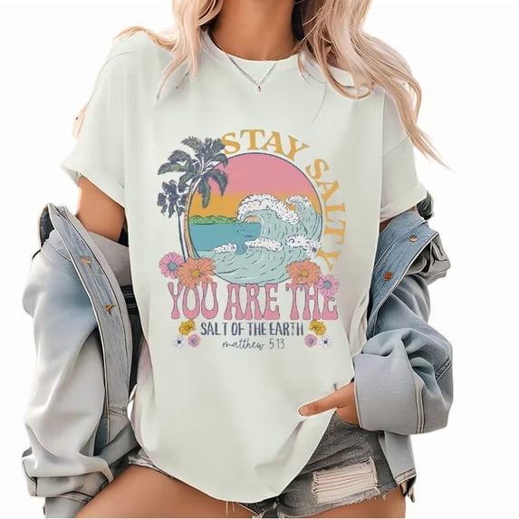 Womens "Stay Salty, Salt Of The Earth" Religious Graphic Tees Inspirational Print T - shirts With Coastal, Floral And Biblical Text Design Comfortable Short Sleeve Casual Daily Wear Tops