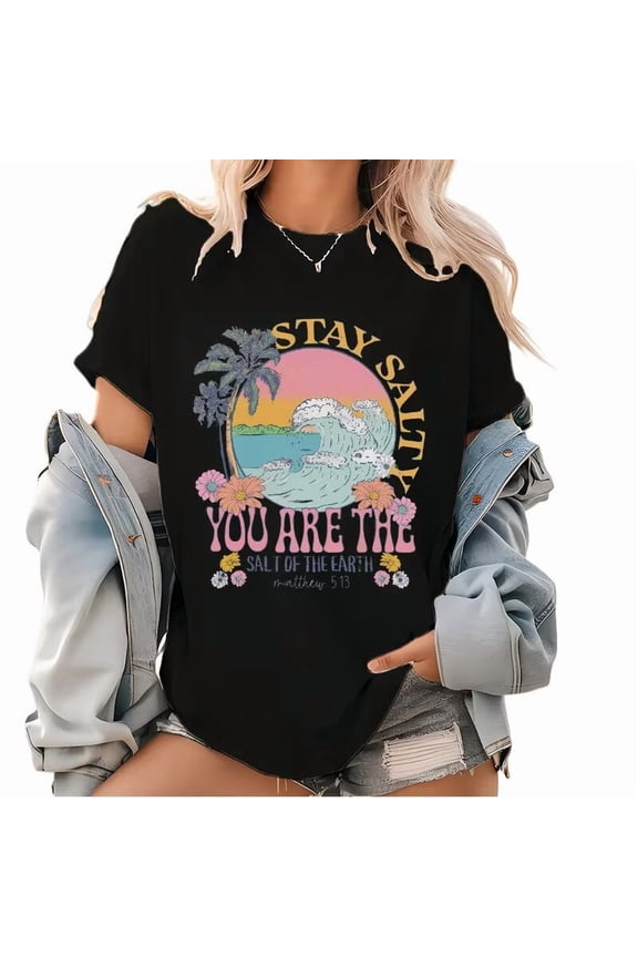Womens'Stay cotton "Stay Salty, Salt Of The Earth" Religious Graphic Tees Inspirational Print T - shirts With Coastal, Floral And Biblical Text Design Comfortable Short Sleeve Casual Daily Wear Tops