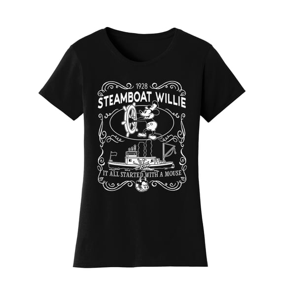 Womens Steamboat Willie T-Shirt - Classic Vintage Label 1928 Cartoon Shirt, Black Medium