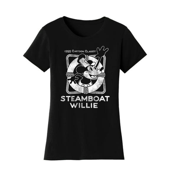 Womens Steamboat Willie T-Shirt - Classic Vintage Life Preserver 1928 Cartoon Shirt, Black Large
