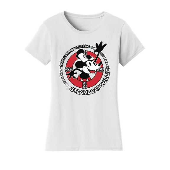 Womens Steamboat Willie T-Shirt - Life Preserver 1928 Classic Cartoon Shirt, White 2X-Large
