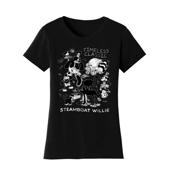 Womens Steamboat Willie T-Shirt - Vintage Timeless Classic Cartoon Shirt, Black Medium