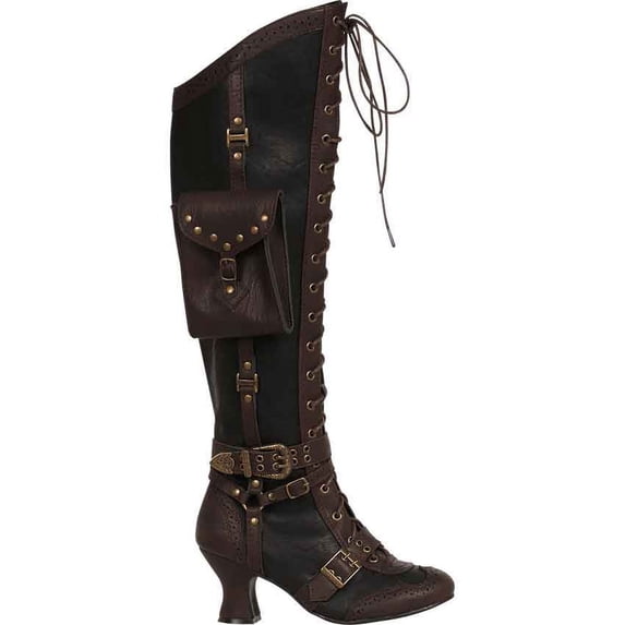 Womens Steampunk Boots with Pouch in Black, size: 10 | Leather by Medieval Collectibles