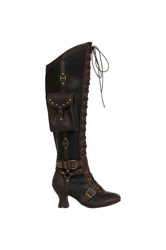 Womens Steampunk Boots with Pouch in Black, size: 10 | Leather by Medieval Collectibles