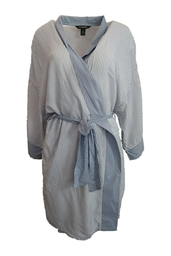 Womens Steel Blue Striped Bathrobe Pocketed House Coat Bath Robe