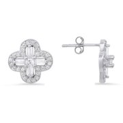 Womens Sterling Silver Baguette-Cut Clover Cubic Zirconia Stud Earrings