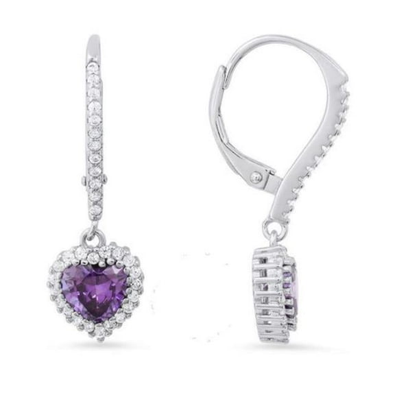 Womens Sterling Silver Heart-Cut Amethyst Cubic Zirconia Halo Leverback Earrings
