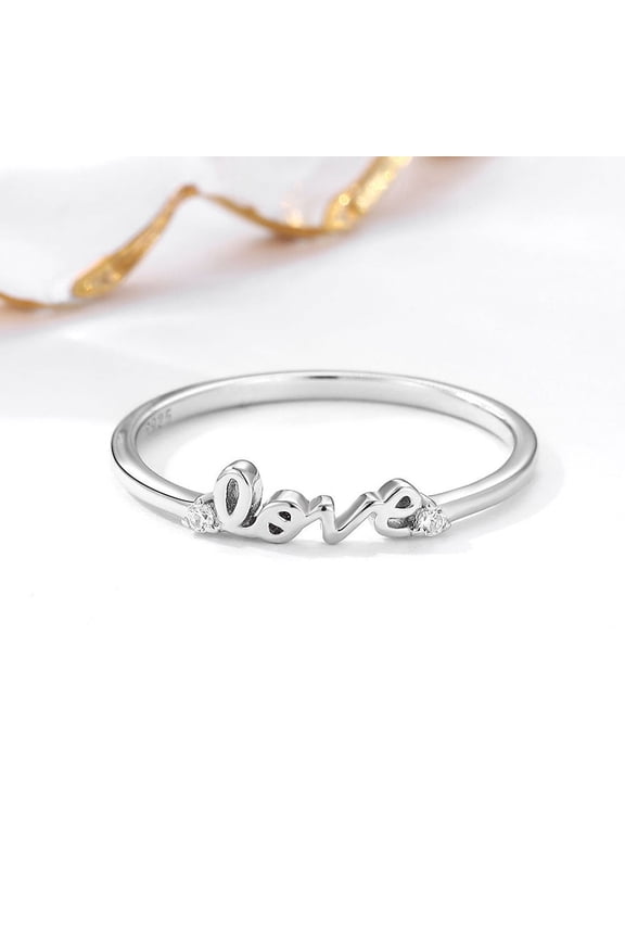 Womens Sterling Silver Ring with Love Letter Design Diamond Wedding Band Anniversary Promise Ring for Her S925 Silver Classic Ring Jewelry Gift