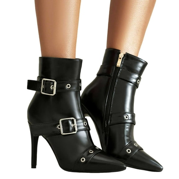 Womens Stiletto Dress Boots 2025 Fashion Triple Buckles Leather Pointed Toe High Heel Ankle Booties Winter Fall Short Pumps Boots for Ladies Black