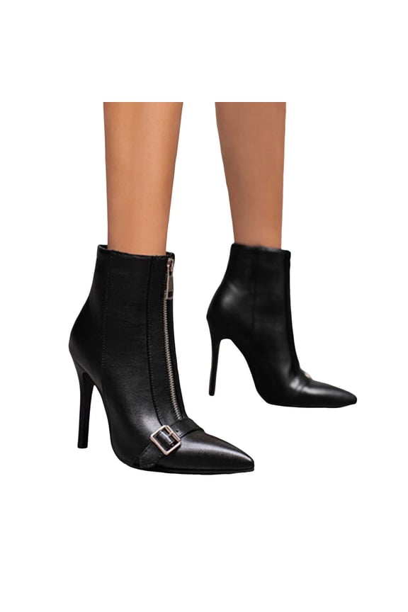 Womens Stiletto Dress Boots for Ladies 2025 Fashion Denim Snakeskin Leather Buckle Pointed Toe High Heel Short Ankle Booties with Front Zipper Winter Fall Casual Dressy Pumps Shoes Black