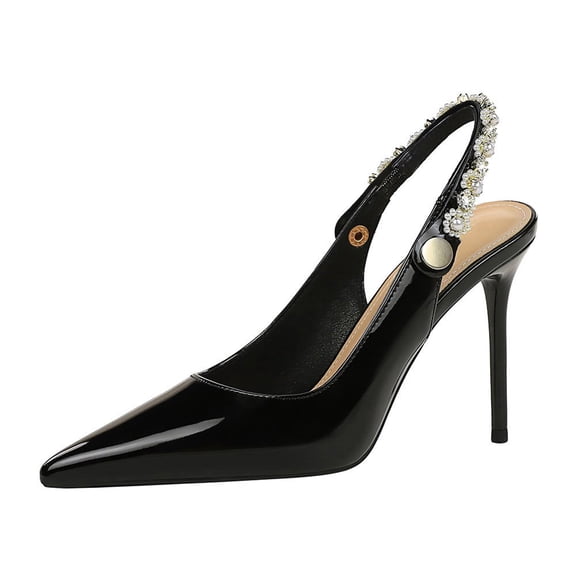 Womens Stiletto Pointed Toe Pumps 9.5CM Sparkly Rhinestones Pearls Strappy Buckles Wedding Shoes for Bride Prom Party