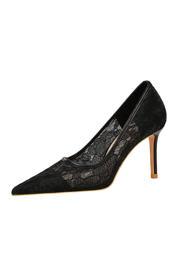 Womens Stiletto Pointed Toe Pumps 9.5cm Sexy Party Shoes Black Lace Mesh Cut-out for Bride Prom Party