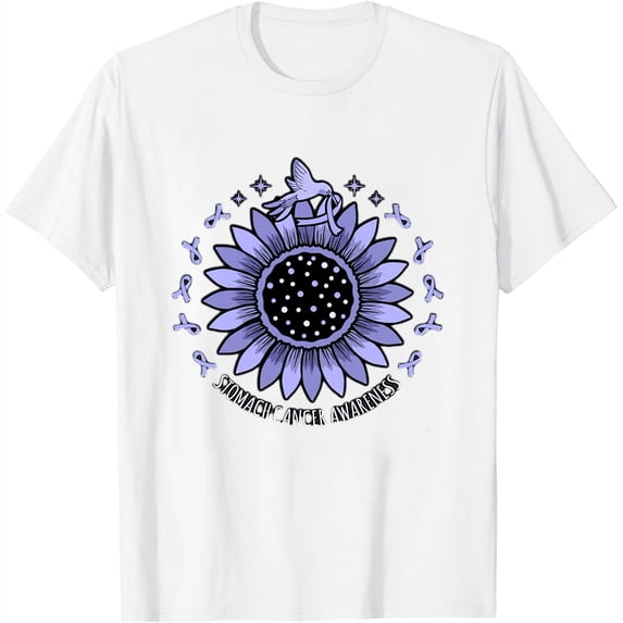 Womens Stomach Cancer Awareness Sunflower Periwinkle Ribbon Graphic Long Sleeve T-Shirt White Large