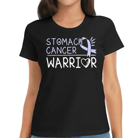 Womens Stomach Cancer Warrior T-Shirt Periwinkle Ribbon Black 2X-Large
