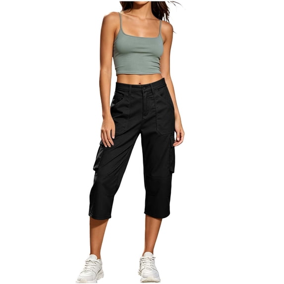 Womens Straight Leg Capri Cargo Pants High Waisted Button Closure Cropped Trousers with Pockets Casual Work Hiking Pants Black