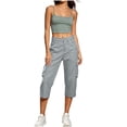 thumbnail image 1 of Womens Straight Leg Capri Cargo Pants High Waisted Button Closure Cropped Trousers with Pockets Casual Work Hiking Pants Gray, 1 of 7