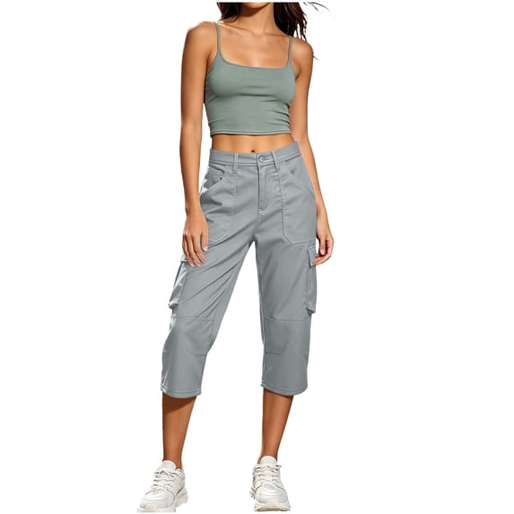 Womens Straight Leg Capri Cargo Pants High Waisted Button Closure Cropped Trousers with Pockets Casual Work Hiking Pants Gray