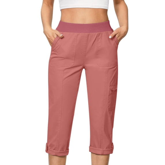 Womens Straight Leg Capri Pants Elastic High Waisted Cuffed Hem Cropped Trousers with Pockets Casual Athletic Work Pants Hot Pink