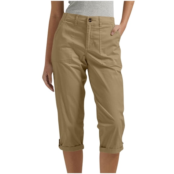Womens Straight Leg Cargo Capri Pants Elastic Waist Button Closure Cropped Trousers with Pockets Casual Athletic Work Pants Coffee