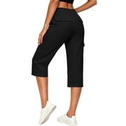 Womens Straight Leg Cargo Capri Pants Elastic Waist Button Closure Cropped Trousers with Pockets Casual Work Hiking Pants Black