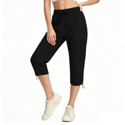 Womens Straight Leg Cargo Pants Drawstring High Waisted Waterproof Cropped Trousers with Pockets Casual Travel Hiking Pants Black