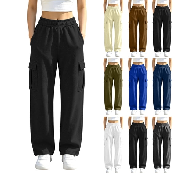 Womens Straight Leg Cargo Pants, Elastic Waist Solid Athletic Pants with Multi Pockets, Casual Lounge Walking Commuting Wear | VerBelle,Beige M