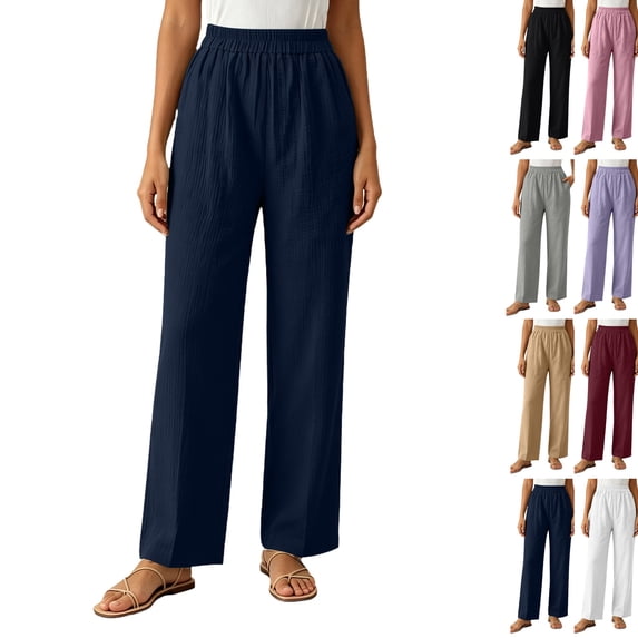 Womens Straight Leg Casual Pants Elastic High Waist Full Length Bottoms Loose Lightweight Vacation Trousers Navy XL