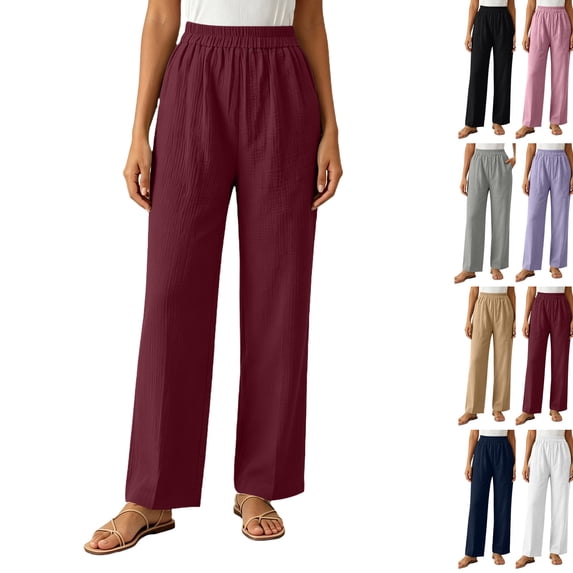 Womens Straight Leg Casual Pants Elastic High Waist Full Length Bottoms Loose Lightweight Vacation Trousers Wine S