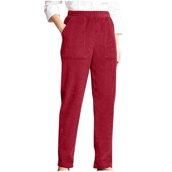 Womens Straight Leg Corduroy Pants - Solid Elastic Waist Pockets Casual Soft Cozy Warm Breathable Lightweight Relaxed Comfy Daily Basic Fashion Wear Red S