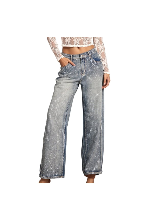 Womens Straight Leg Denim Trousers Elegant Fashion Casual Mid Rise Stretch Rhinestone Jeans Sparkle Denim Pants Comfortable Long Trousers