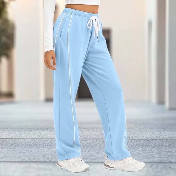 Womens Straight Leg Footed Sweatpants Solid Color Elastic Waist Drawstring Pockets Soft Comfy Fabric Casual Athletic Loungewear Daily Everyday Wear Ladies Pants Light Blue XXL