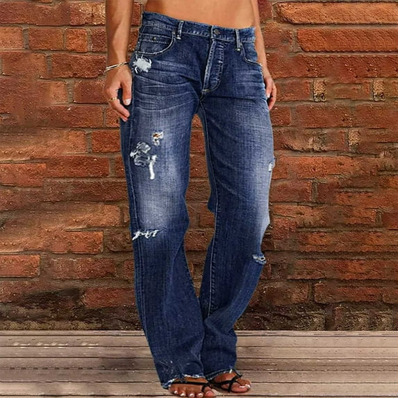 Womens Straight Leg Jeans Button Down Low Rise Ripped Jeans Plus Size Boyfriend Distressed Denim Pants with Pockets