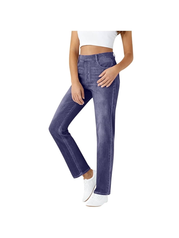 Womens Straight Leg Jeans High Elastic Waisted Stretchy Denim Pants Pull On Tapered Petite Jeans