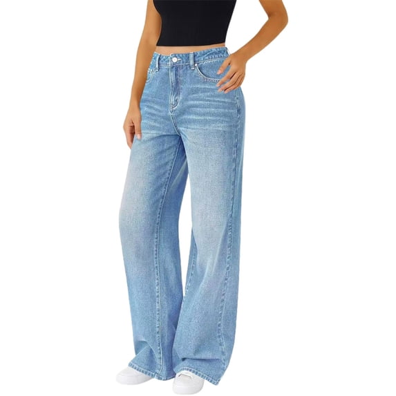 Womens Straight Leg Jeans High Waisted Wide Loose Boyfriend Fit Stretch Denim Tummy Control with Pockets