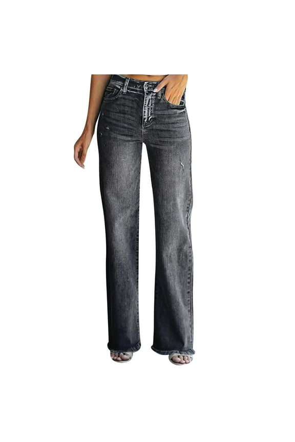 Womens Straight Leg Jeans Mid Waisted Loose Casual Stretchy Trendy Ripped Denim Trouser Pants Wide-legged Jean (Large, Black)