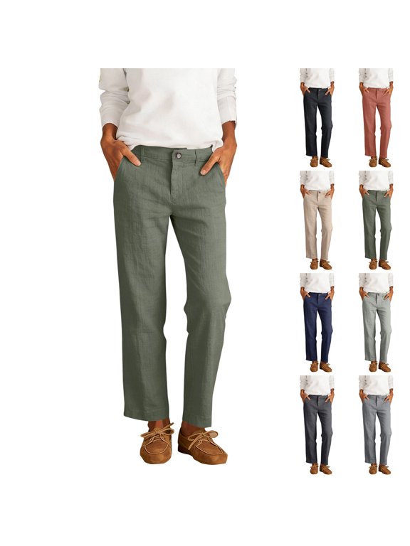 Womens Straight Leg Linen Pants Button Closure Mid Rise Casual Work Trousers Lightweight Breathable Side Pockets Summer Daily Office Bottoms ,M,#01 Army Green