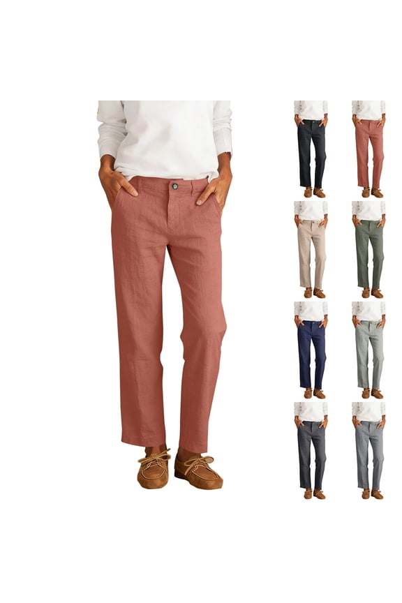 Womens Straight Leg Linen Pants Button Closure Mid Rise Casual Work Trousers Lightweight Breathable Side Pockets Summer Daily Office Bottoms ,M,#01 Watermelon Red