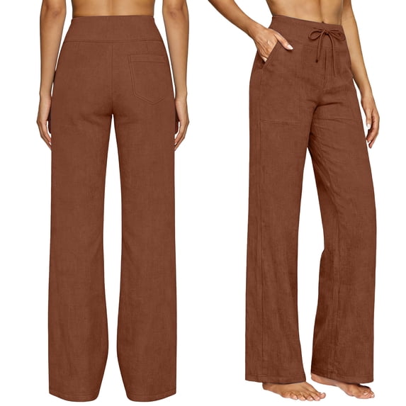 Womens Straight Leg Linen Style Pants, Drawstring Waist Loose Fit Casual Summer Beach Trousers with Pockets Brown S