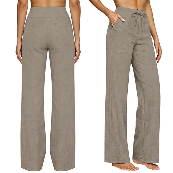 Womens Straight Leg Linen Style Pants, Drawstring Waist Loose Fit Casual Summer Beach Trousers with Pockets Camel 3XL