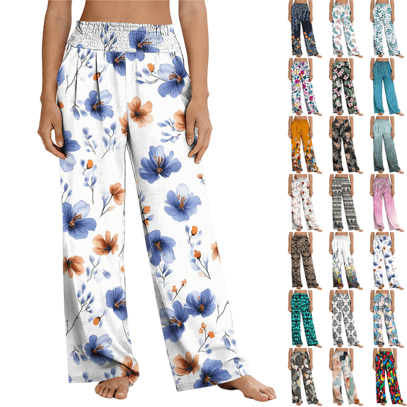 Womens Straight Leg Palazzo Lounge Pants Stretchy High Waist Loose Slacks with Pockets Printed Comfy Flowy Lounge Pants,Sizes S-2XL