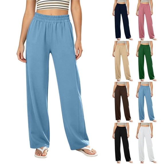Womens Straight Leg Pants Elastic Waist Side Pockets Solid Color Long Trousers Everyday Basic Pants