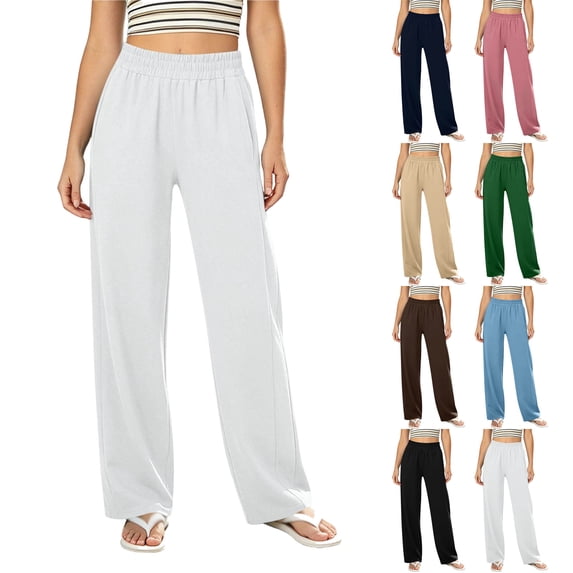 Womens Straight Leg Pants Elastic Waist Side Pockets Solid Color Long Trousers Everyday Basic Pants