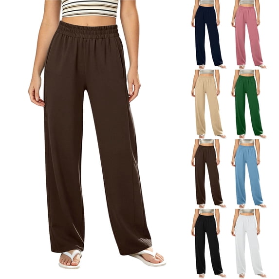 Womens Straight Leg Pants Elastic Waist Side Pockets Solid Color Long Trousers Everyday Basic Pants