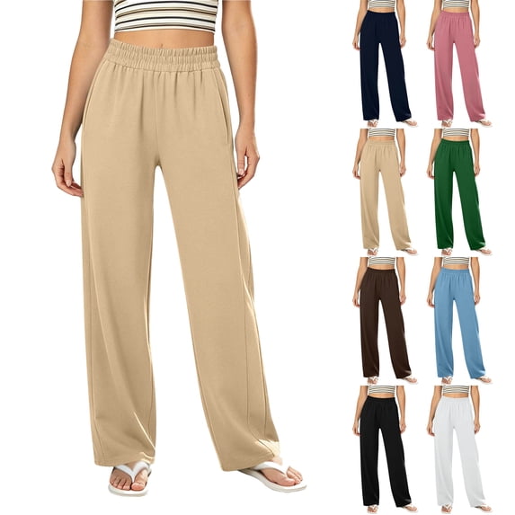 Womens Straight Leg Pants Elastic Waist Side Pockets Solid Color Long Trousers Everyday Basic Pants