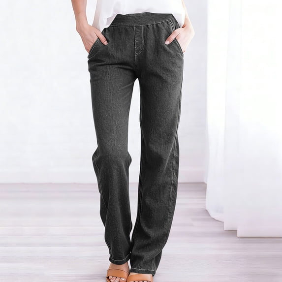 Womens Straight Leg Pull on Jeans with Pockets Trendy High Waisted Elastic Baggy Stretchy Denim Pants Dark Gray 3XL