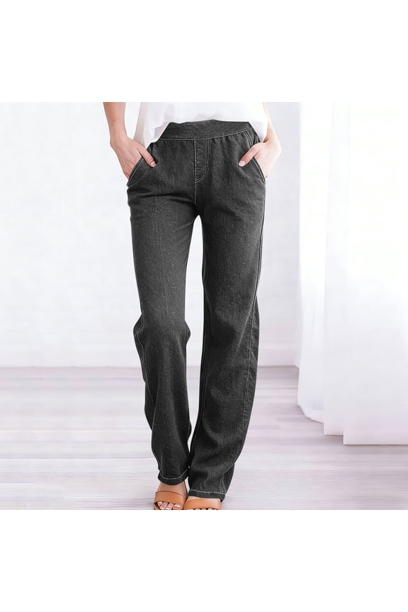 Womens Straight Leg Pull on Jeans with Pockets Trendy High Waisted Elastic Baggy Stretchy Denim Pants Dark Gray S